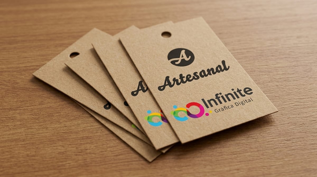 Tags de papel Kraft 180g com impressão em preto.
